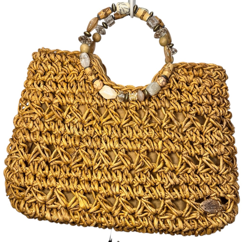 Cappelli Straworld Raffia Beaded Handle Tote Bag Boho Coastal Beach Tan - Picture 2 of 11